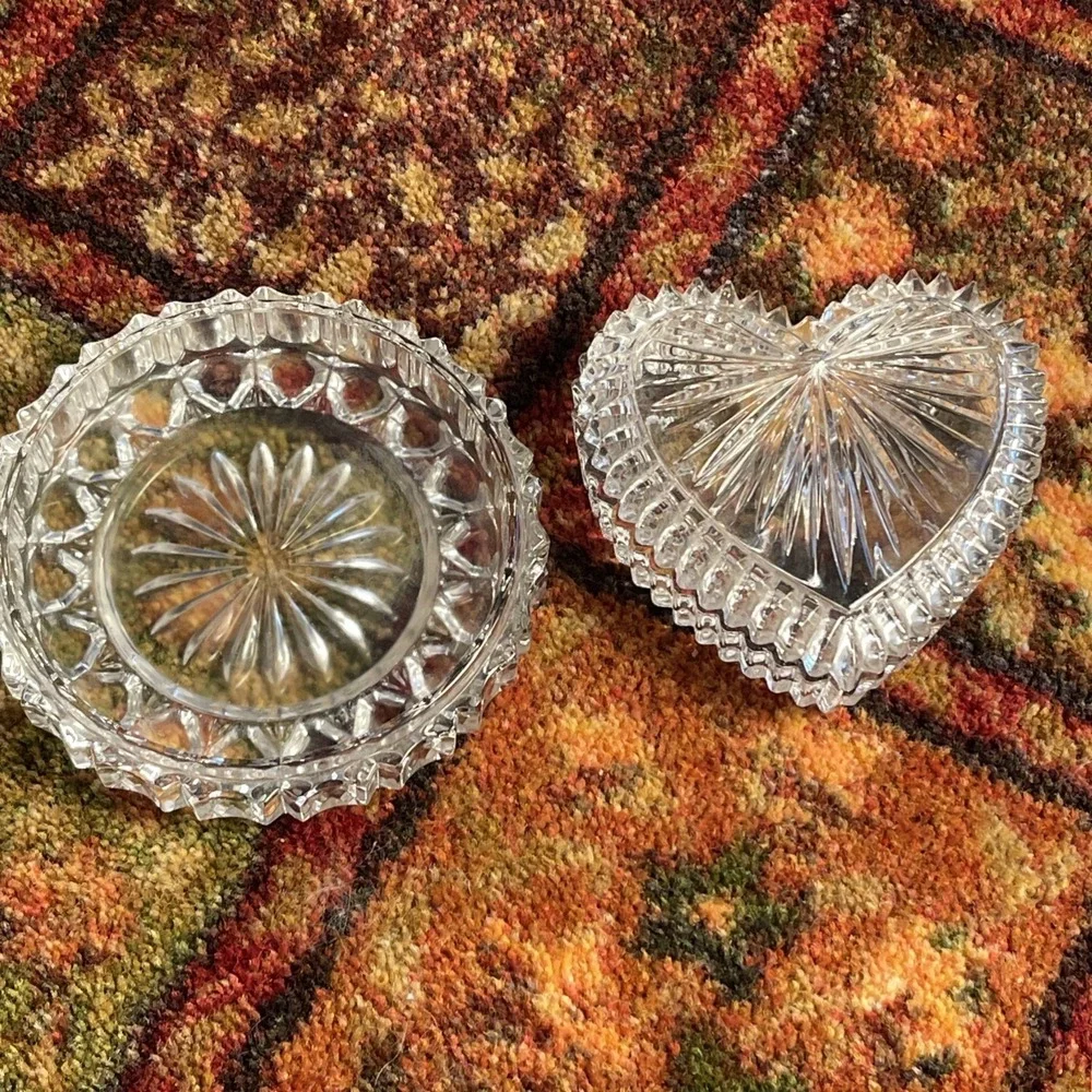 2 Clear Heavy Cut Glass Heart Shaped Trinket Vanity Box and Dish